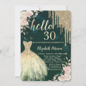 Glitter druppels, jurk, bloemengroen 30e verjaarda kaart (Voorkant)