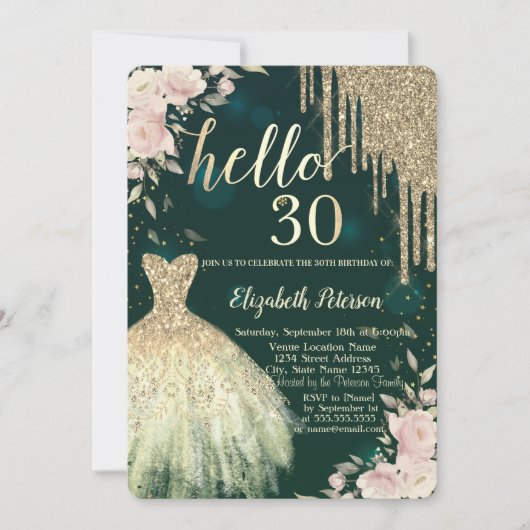 Glitter druppels, jurk, bloemengroen 30e verjaarda kaart (Voorkant)