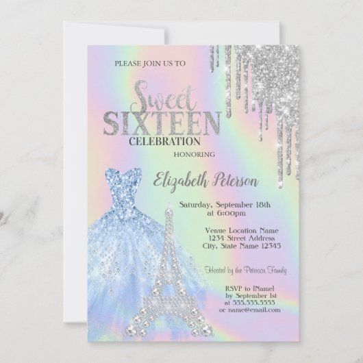 Glitter druppels, jurk, Eiffeltoren Opal Sweet 16 Kaart (Voorkant)