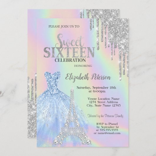 Glitter druppels, jurk, Eiffeltoren Opal Sweet 16 Kaart (Voorkant / Achterkant)