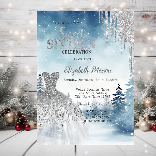Glitter Druppels, Jurk Winter Landschap Sweet 16 Kaart