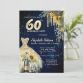 Glitter druppels, jurk, zonnebloemen blauw 60ste v kaart (Staand voorkant)