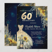 Glitter druppels, jurk, zonnebloemen blauw 60ste v kaart (Voorkant / Achterkant)