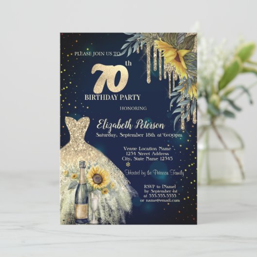 Glitter druppels, jurk, zonnebloemen blauw 70e ver kaart (Staand voorkant)