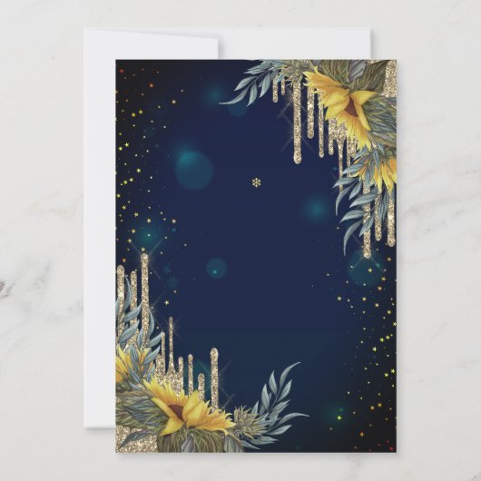 Glitter druppels, jurk, zonnebloemen blauw 70e ver kaart (Achterkant)