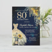 Glitter druppels, jurk, zonnebloemen blauw 80ste v kaart (Staand voorkant)