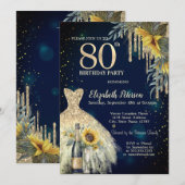 Glitter druppels, jurk, zonnebloemen blauw 80ste v kaart (Voorkant / Achterkant)