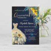 Glitter druppels, jurk, zonnebloemen blauw quincea kaart (Staand voorkant)