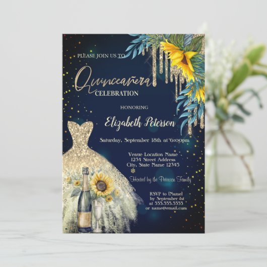 Glitter druppels, jurk, zonnebloemen blauw quincea kaart (Staand voorkant)