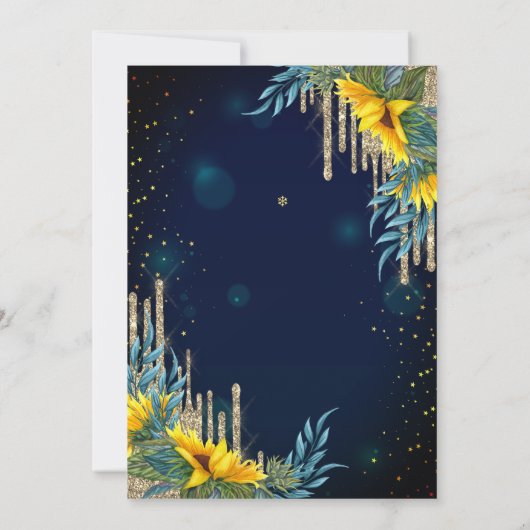 Glitter druppels, jurk, zonnebloemen blauw quincea kaart (Achterkant)