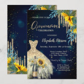 Glitter druppels, jurk, zonnebloemen blauw quincea kaart (Voorkant / Achterkant)