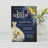 Glitter druppels, jurk, zonnebloemen blauw zoet 16 kaart (Staand voorkant)