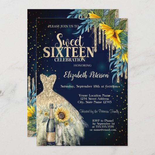 Glitter druppels, jurk, zonnebloemen blauw zoet 16 kaart (Voorkant / Achterkant)