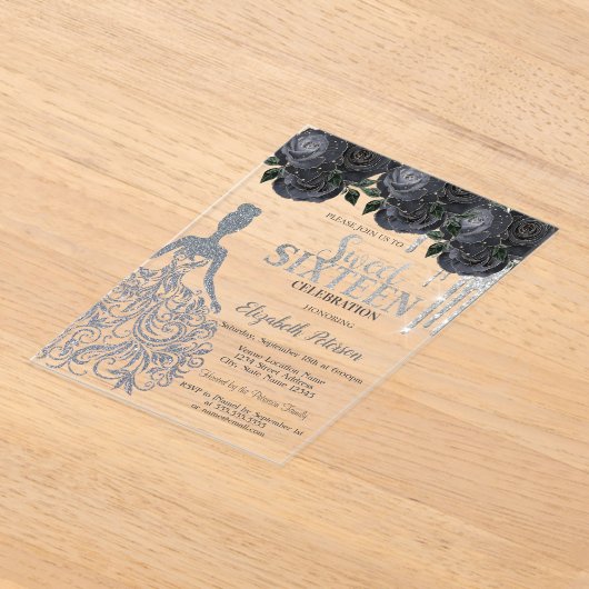 Glitter Druppels, Jurk Zwarte Rozen Sweet 16 Invit Acryl Uitnodigingen (Laagn)