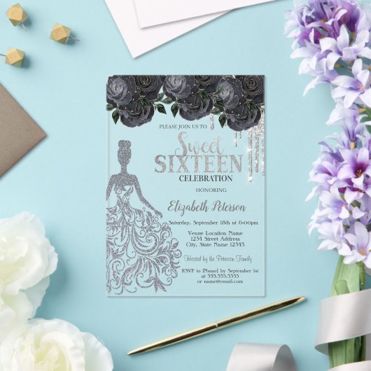 Glitter Druppels, Jurk Zwarte Rozen Sweet 16 Invit Acryl Uitnodigingen (Insitu (Huwelijk))