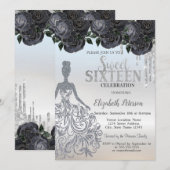 Glitter Druppels, Jurk Zwarte Rozen Sweet 16 Kaart (Voorkant / Achterkant)