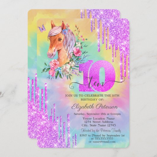 Glitter druppels Pony tie kleurstof 10e verjaardag Kaart (Voorkant / Achterkant)