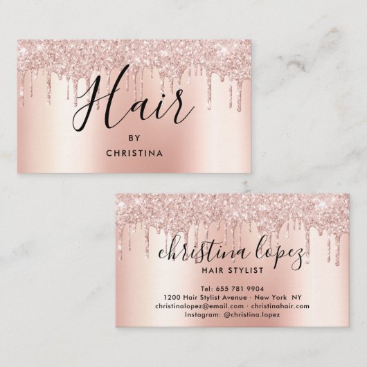 Glitter druppels roos goud metallic haar stylist visitekaartje (Voorkant / Achterkant)