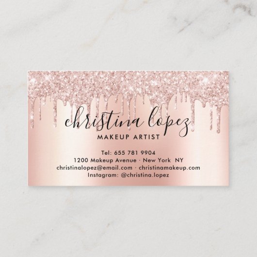 Glitter druppels roos gouden metallic make-up arti visitekaartje (Achterkant)
