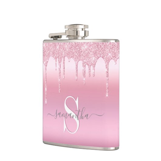 Glitter druppels roze gepersonaliseerde fles heupfles (Links)