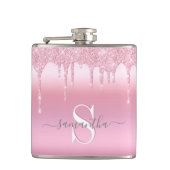 Glitter druppels roze gepersonaliseerde fles heupfles (Voorkant)