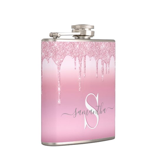 Glitter druppels roze gepersonaliseerde fles heupfles (Rechts)