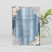 Glitter druppels, Rozen, Blue Wedding Jubileum Kaart (Staand voorkant)