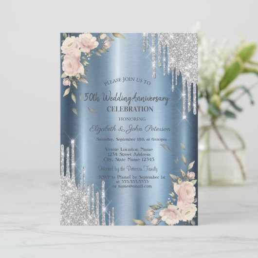 Glitter druppels, Rozen, Blue Wedding Jubileum Kaart (Staand voorkant)