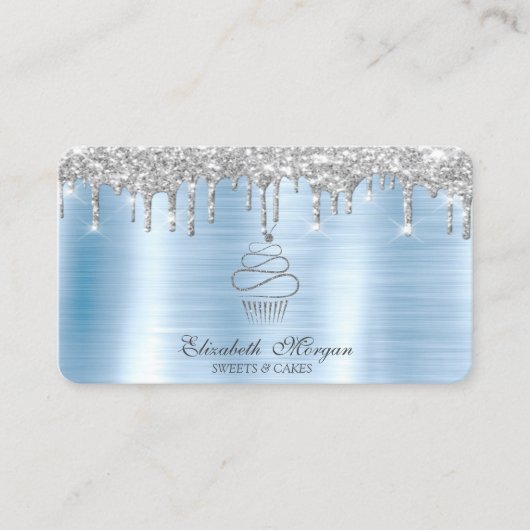 Glitter druppels zilveren cupcake bakkerij blauw m visitekaartje (Voorkant)