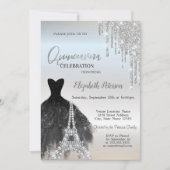 Glitter druppels, zwarte jurk, Eiffel Quinceañera Kaart (Voorkant)