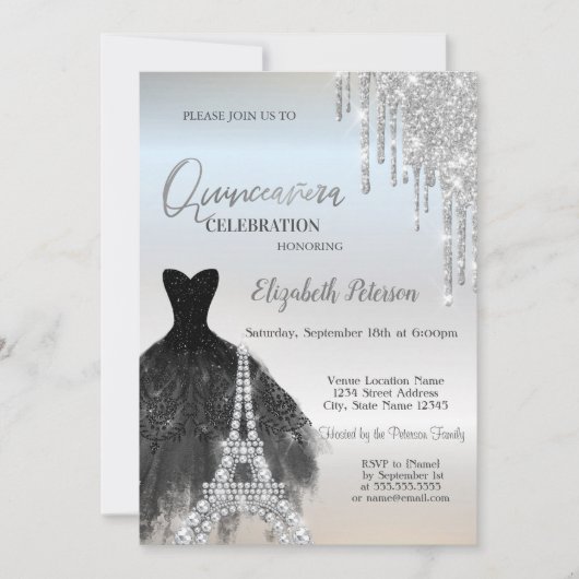 Glitter druppels, zwarte jurk, Eiffel Quinceañera Kaart (Voorkant)