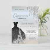 Glitter druppels, zwarte jurk, Eiffel Quinceañera Kaart (Staand voorkant)