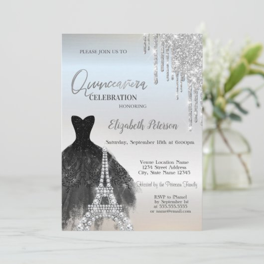 Glitter druppels, zwarte jurk, Eiffel Quinceañera Kaart (Staand voorkant)