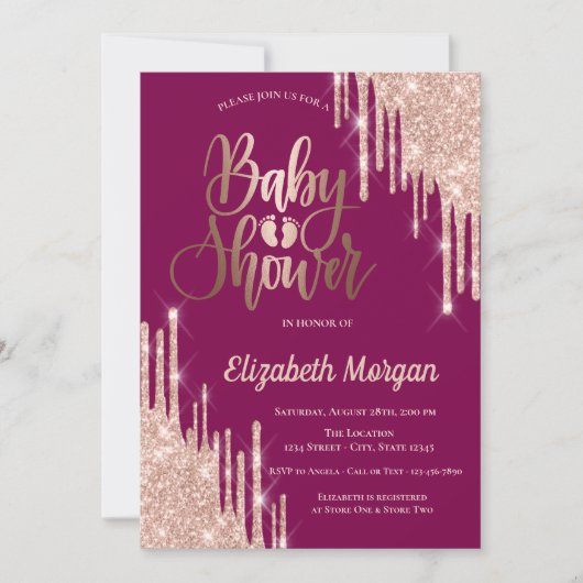 Glitter Druppelt Baby Voeten Paarse Baby shower Kaart (Voorkant)