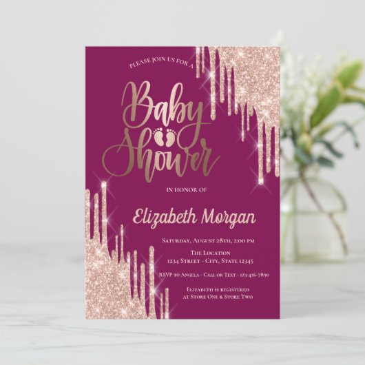 Glitter Druppelt Baby Voeten Paarse Baby shower Kaart (Staand voorkant)