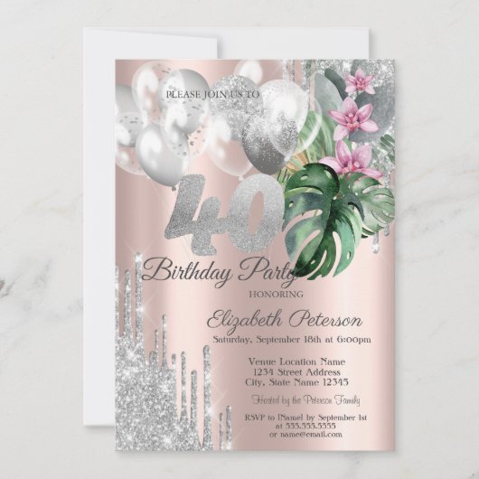 Glitter druppelt ballonnen Tropische bloemen 40e Kaart (Voorkant)