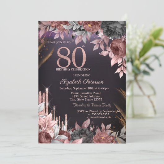 Glitter Druppelt Bloemen Donker Paarse 80ste Verja Kaart (Staand voorkant)