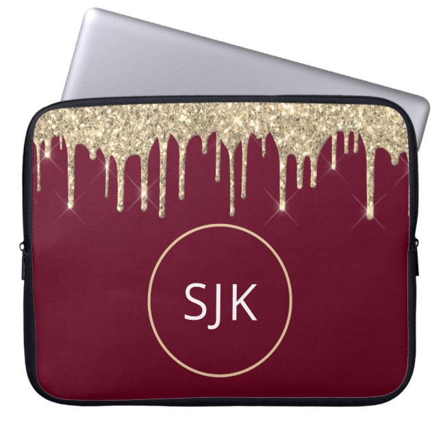 Glitter Druppelt Bourgondisch Goud Girly Monogramm Laptop Sleeve (Voorkant)