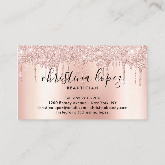 Glitter druppelt roos goud metallic schoonheidssal visitekaartje (Achterkant)