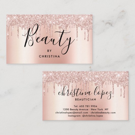 Glitter druppelt roos goud metallic schoonheidssal visitekaartje (Voorkant / Achterkant)