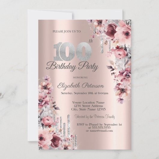 Glitter Druppelt Roos Goud Roze Bloemen 100th Kaart (Voorkant)