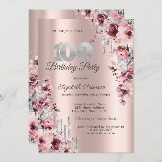 Glitter Druppelt Roos Goud Roze Bloemen 100th Kaart (Voorkant / Achterkant)