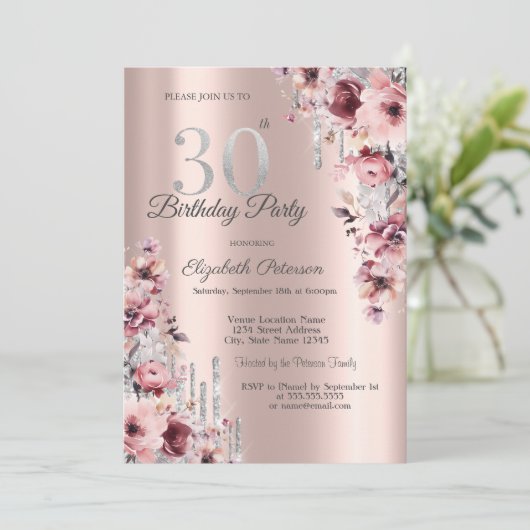 Glitter Druppelt Roos Goud Roze Bloemen 30e Verjaa Kaart (Staand voorkant)