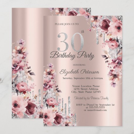 Glitter Druppelt Roos Goud Roze Bloemen 30e Verjaa Kaart (Voorkant / Achterkant)