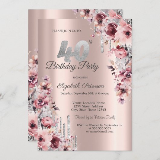 Glitter Druppelt Roos Goud Roze Bloemen 40e Verjaa Kaart (Voorkant / Achterkant)