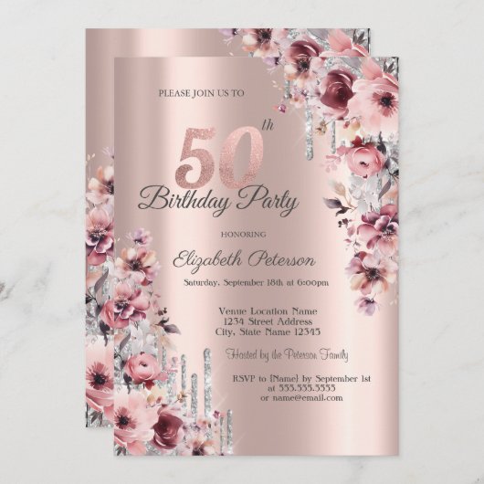 Glitter Druppelt Roos Goud Roze Bloemen 50e Verjaa Kaart (Voorkant / Achterkant)