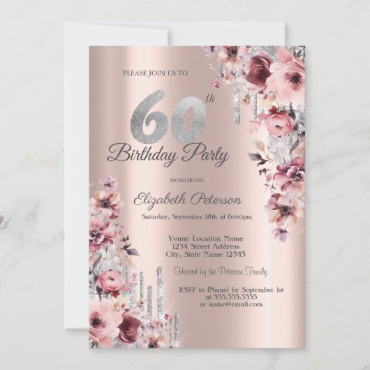 Glitter Druppelt Roos Goud Roze Bloemen 60e Verjaa Kaart (Voorkant)