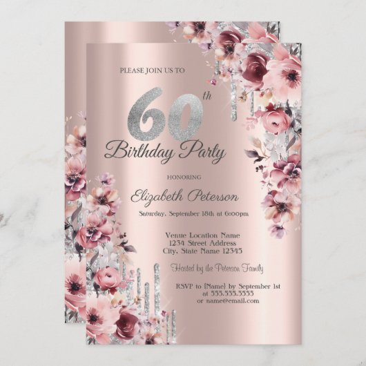 Glitter Druppelt Roos Goud Roze Bloemen 60e Verjaa Kaart (Voorkant / Achterkant)