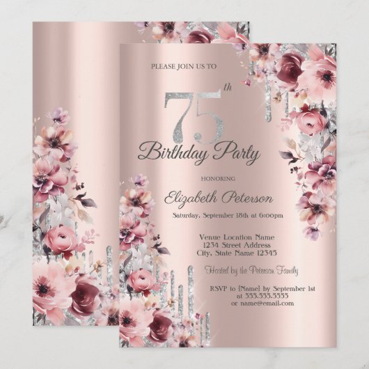 Glitter Druppelt Roos Goud Roze Bloemen 75e Verjaa Kaart (Voorkant / Achterkant)