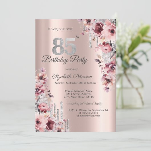 Glitter Druppelt Roos Goud Roze Bloemen 85e Verjaa Kaart (Staand voorkant)